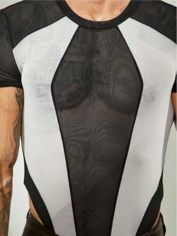 Men's Mesh See-Through Black & White Patchwork Bodysuit